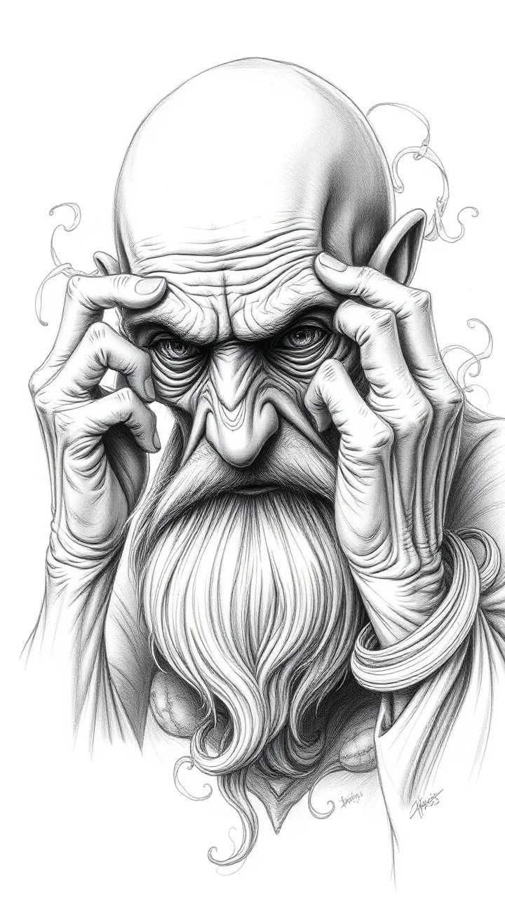 ππ§π€π’π₯π© highly detailed graphite illustration, A surreal old woman figure with exaggerated anatomical features, heavily wrinkled skin, and an intense, contemplative expression. bald head, thick eyebrows, long beard merge into swirling abstract shapes. Large, expressive hands, gripping the forehead tensely. Mysterious, introspective, dreamlike, somewhat dark fantasy. #ππ§πart #prompt