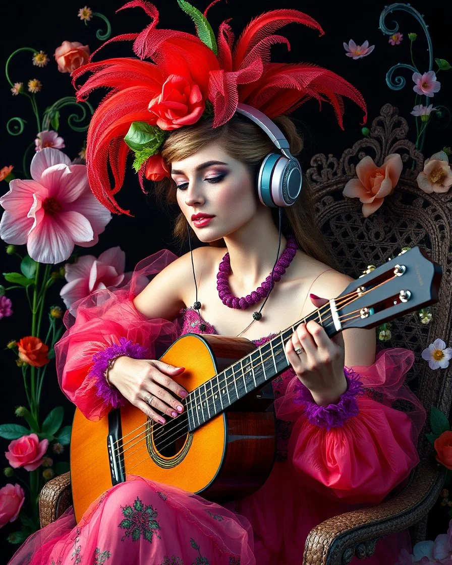 Gorgeous Realistic Photograph Pretty European Supermodel Beautiful, a stunning adorned in vibrant luxury carnival attire, headphones,playing acoustic guitar sitting in chair park flowers,ethereal beauty, black background, with swirling colors and fantastical tiny flowers, enchantment and grace, twisted vines, whimsical, surreal landscapes, emotive style, dreamlike quality, and magical realism, carnival red, ethereal pink, whimsical blue, vibrant green, celestial purple, golden amber