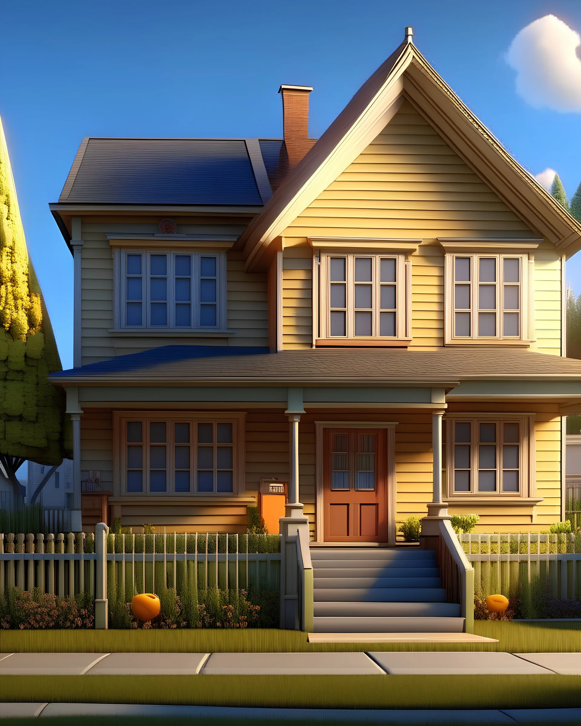 Hyper-realistic Pixar style american suburb frontview of a house