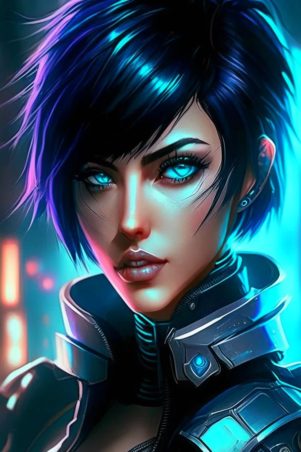 Fiora from league of legends in style cyberpunk, blue eyes And black short hair