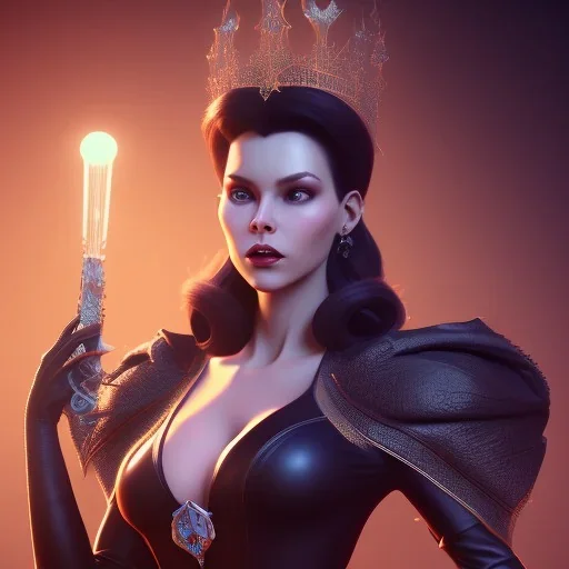 Teresa Orlowski as evil queen in black leather, busty, cleavage, angry, stern look. character design by cory loftis. unreal engine 5, artistic lighting, highly detailed, photorealistic, fantasy