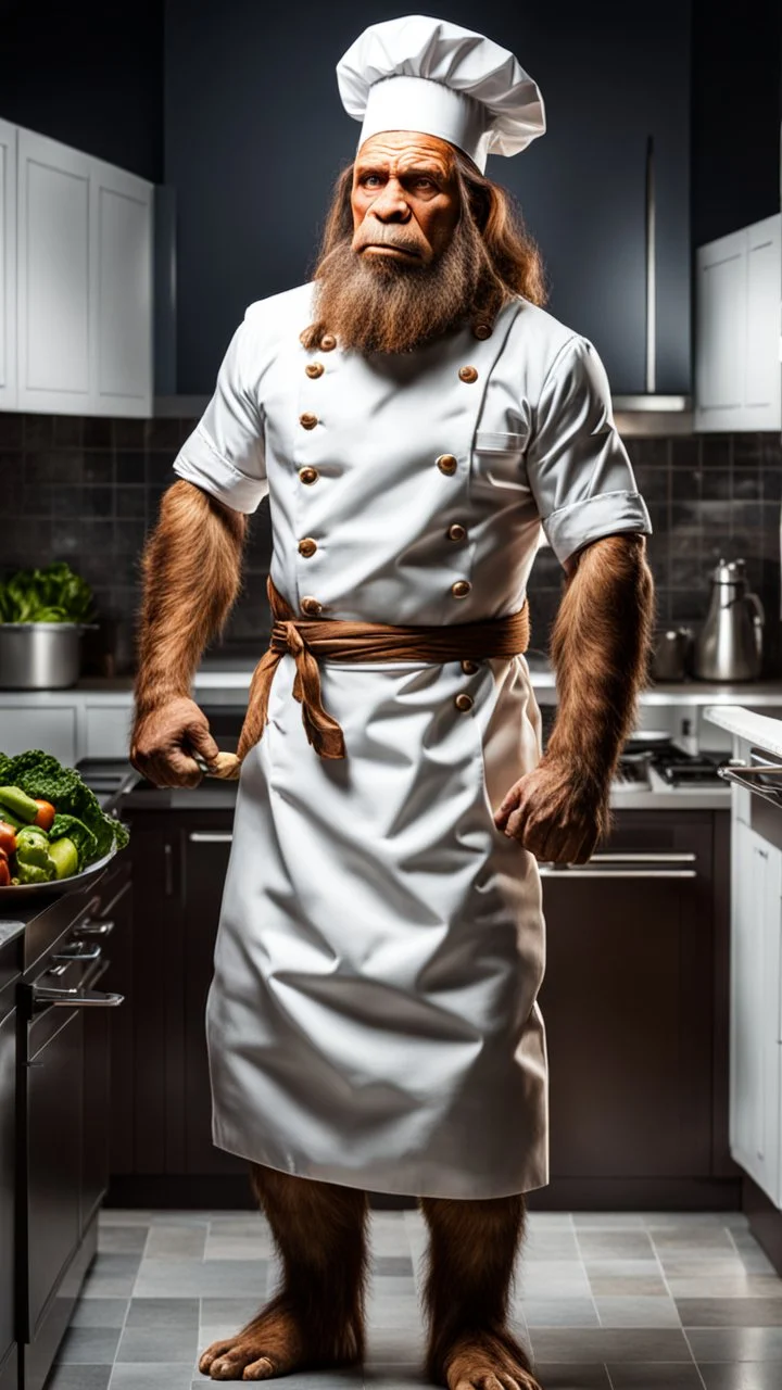 Full body del Hombre de Neandertal con traje de chef de cocina, fondo cocina, calidad ultra, hiperdetallado, colores contrastantes