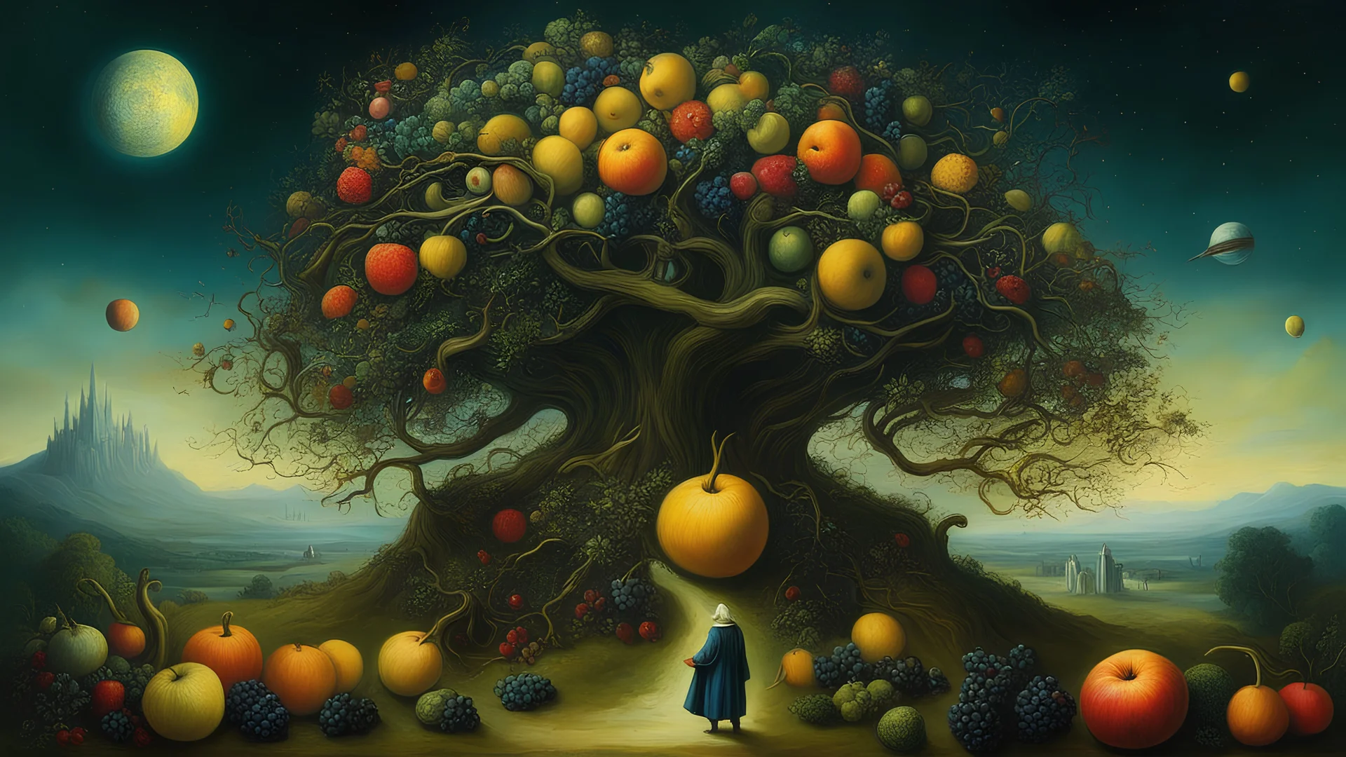 Fruit Of The Poisoned Tree || surrealism, magic realism, in the styles of Seb McKinnon and Hieronymus Bosch, rococo, cosmic, astral, galactic, entangled, mysterious, Van Gogh