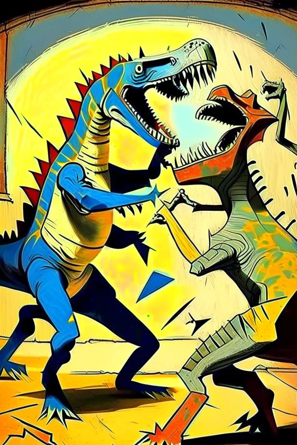 Dinosaur fight Picasso style