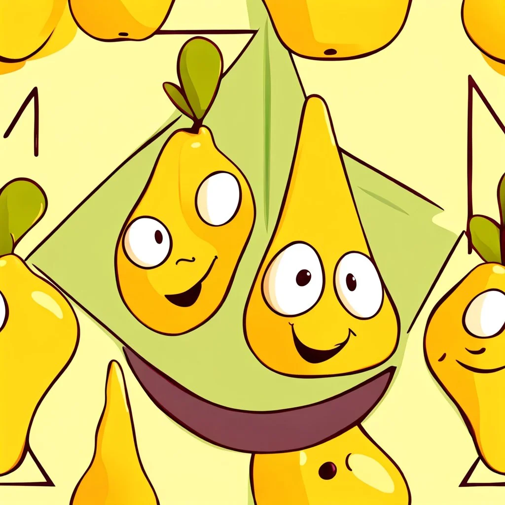 A pear in the shape of a funny, laughing cartoon character dressed as a young man, an equilateral square character