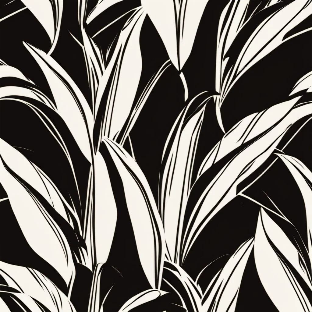 black and white banana leafs wallpaper pattern in vector lines, same line weight