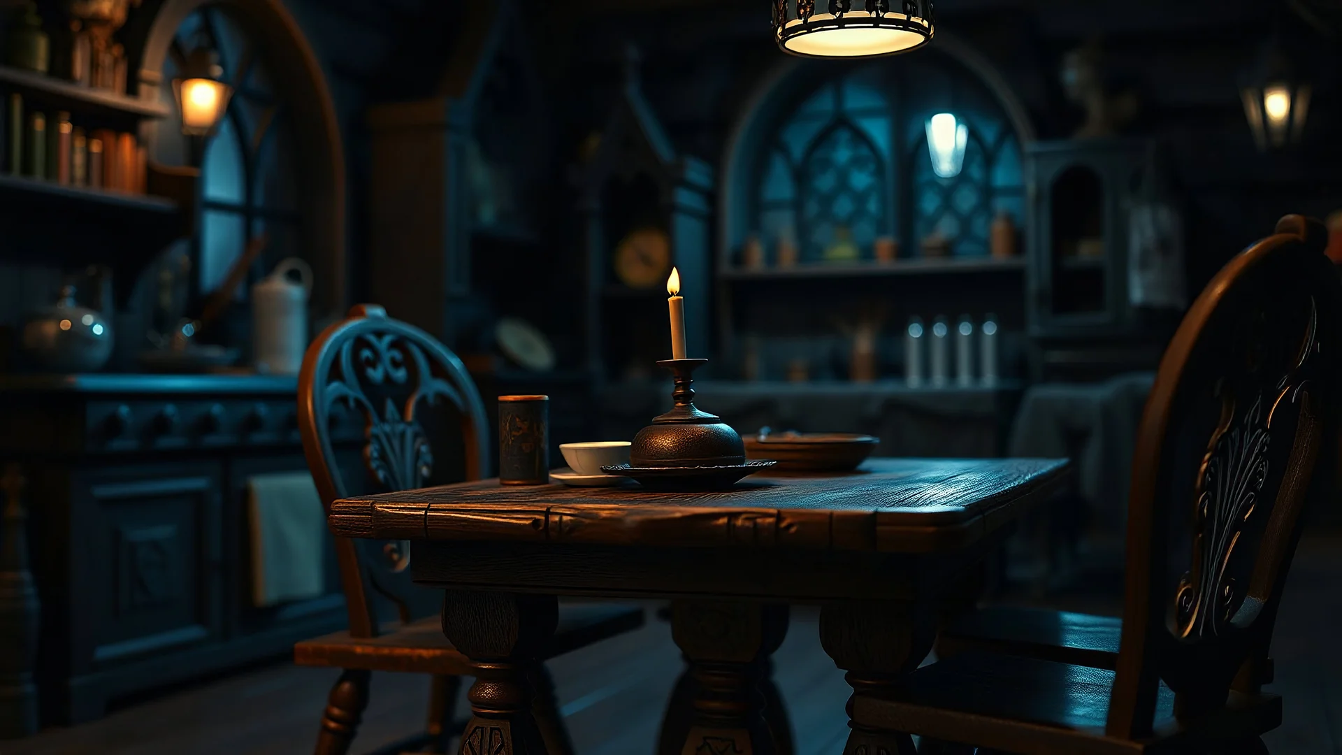 closeup small wooden gothic kitchen table, night, 8k, high quality, trending art, trending on artstation, sharp focus, studio photo, intricate details, highly detailed, by tim burton