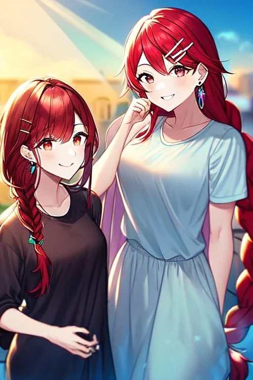 girl, masterpiece, best quality, cinematic lighting, detailed outfit, vibrant colors, perfect eyes, red hair, red eyes, long hair, braided ponytail, hairclip, earrings, smile, casual clothes,