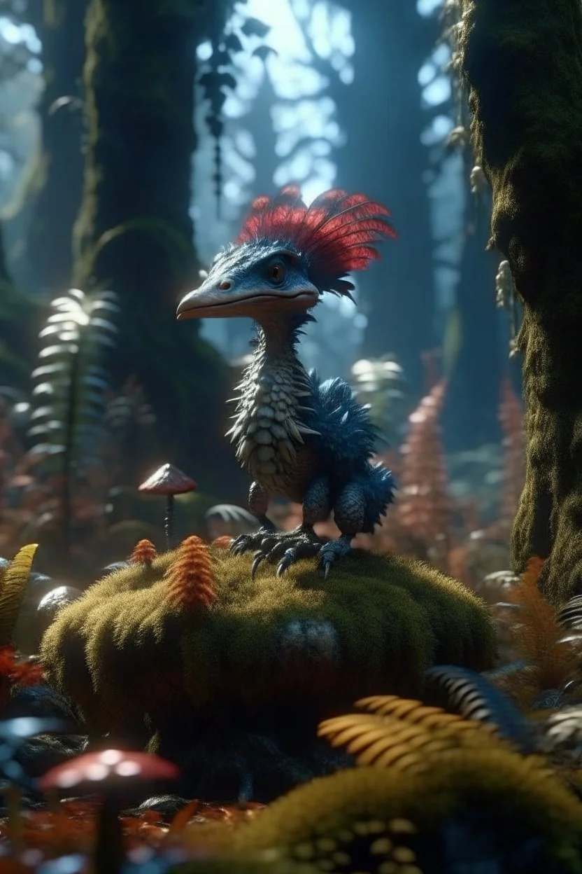 raptor with feathers in magical mushroom forest, 8k resolution, ultra detailed, unreal engine 5, masterpiece