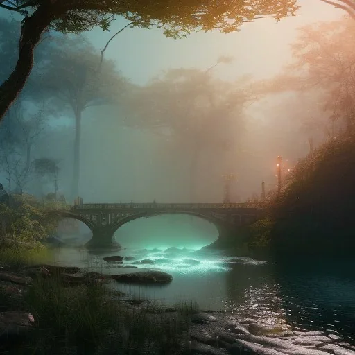 Artemis Tapınağı fantasy art, island waterfall palms twigs spring sunset rainbow bridge birds, lighting, cinematic, extremly, mist, unreal engine 5, cinematic lighting, beautiful, photorealistic, abstract