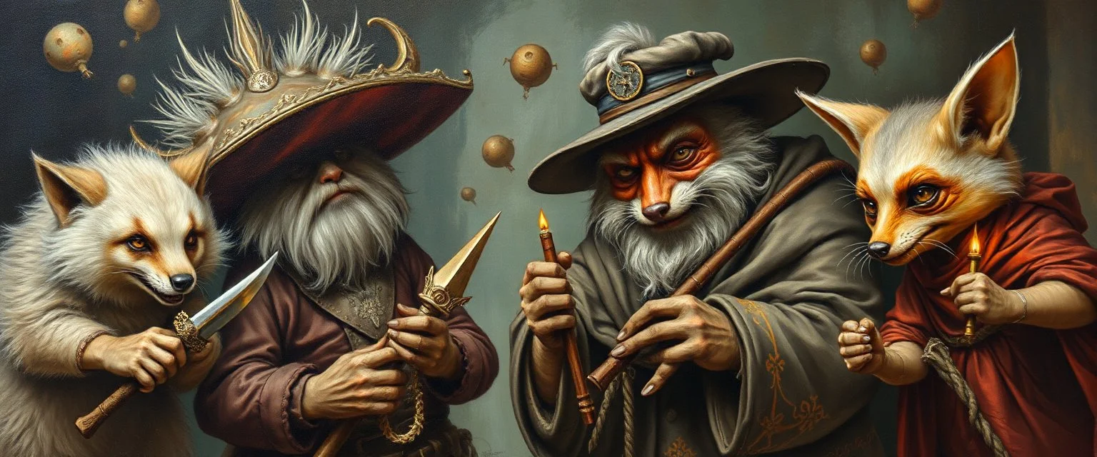 master oil painting with some air brush, fluffy human thief hyena fox merchant sailor priest racoon gremlin realistic and creepy, straight from the lich lab, in the style of Escher and Titian