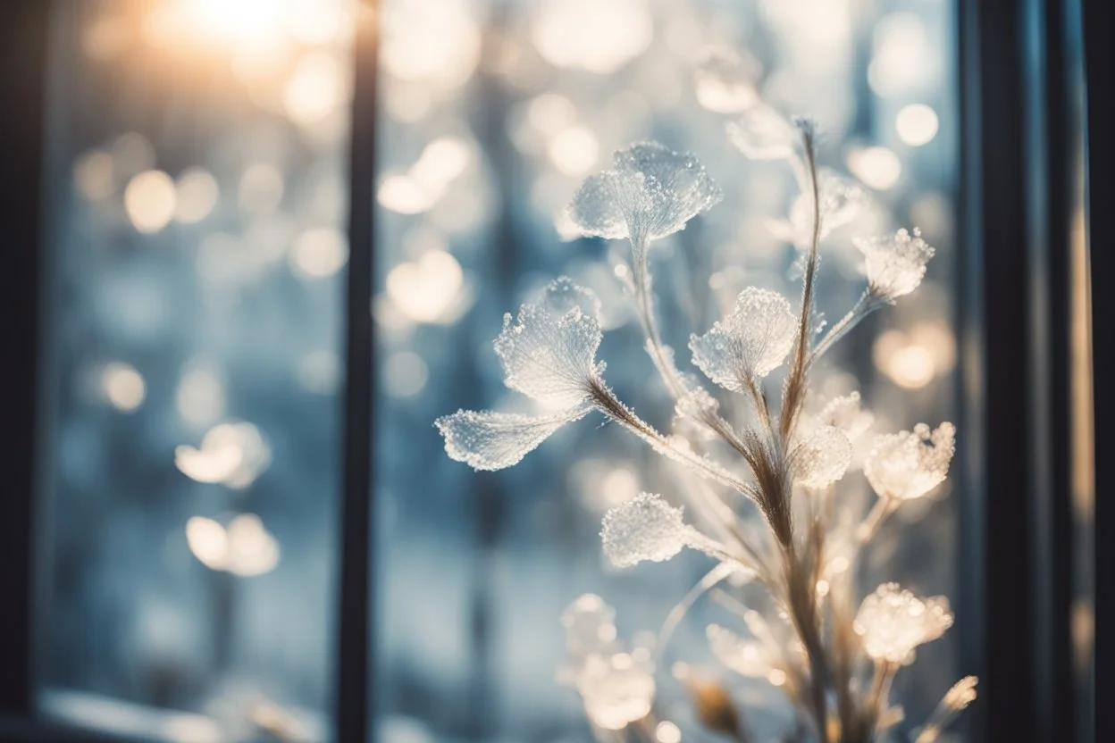 ice flowers on a window in sunshine, backlit, ethereal, cinematic postprocessing, bokeh, dof