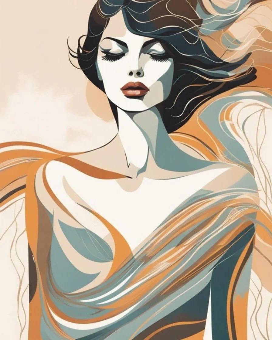 Esboço linear do corpo de uma mulher, with her arms cover her chest line fluid abstract, art style by Coco Vandi, retro minimal, trendy art, art style by Eckhart Tolle and Fabio Hurtado