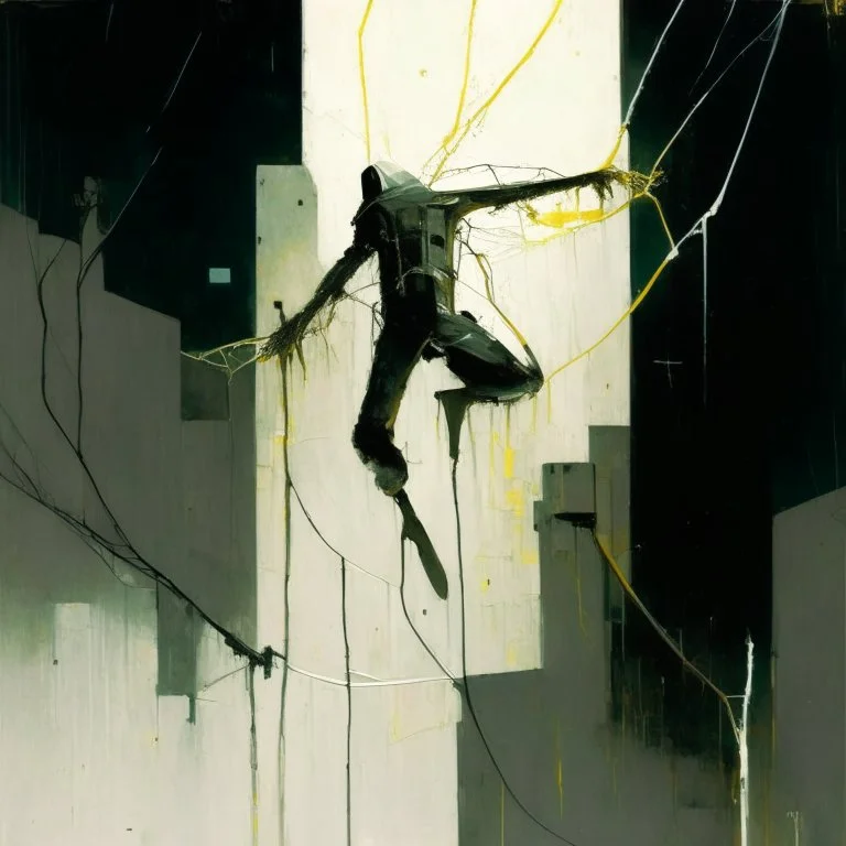 Minimal abstract oil painting of a falling person limbs sinew. Wearing hazmat suit. concrete fragments architecture and hanging wires illuminated at night. In the style of Justin Mortimer and Phil Hale and Ashley Wood