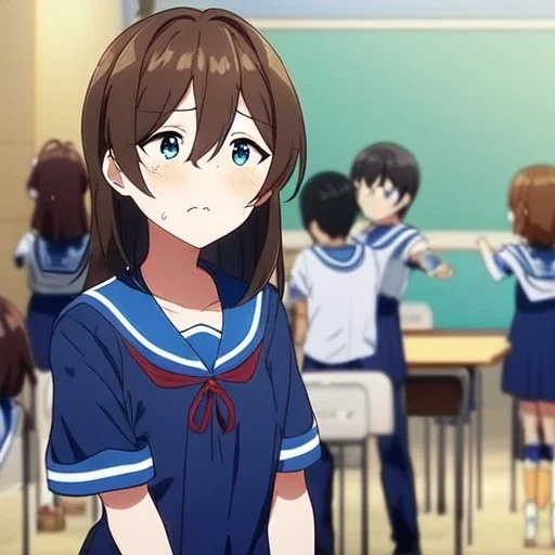 Clear focus, High resolution, Teenager, Adorable, Anime screencap, transformation, long flowy brown hair, hair between eyes, blue eyes, wearing a sailor uniform, blushing and screaming, in the classroom