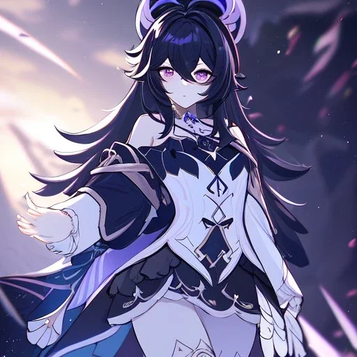 Clear focus, High resolution, rough line sketch art, long black hair, hair between eyes, fluffy hair, purple eyes, wearing a off shoulder shirt, no spaghetti strapes, dark aura, 1girl, wearing a skirt, genshin impact, genshin impact style outfit, (detailed outfit), (Lots of ribbons and flowers on outfit)
