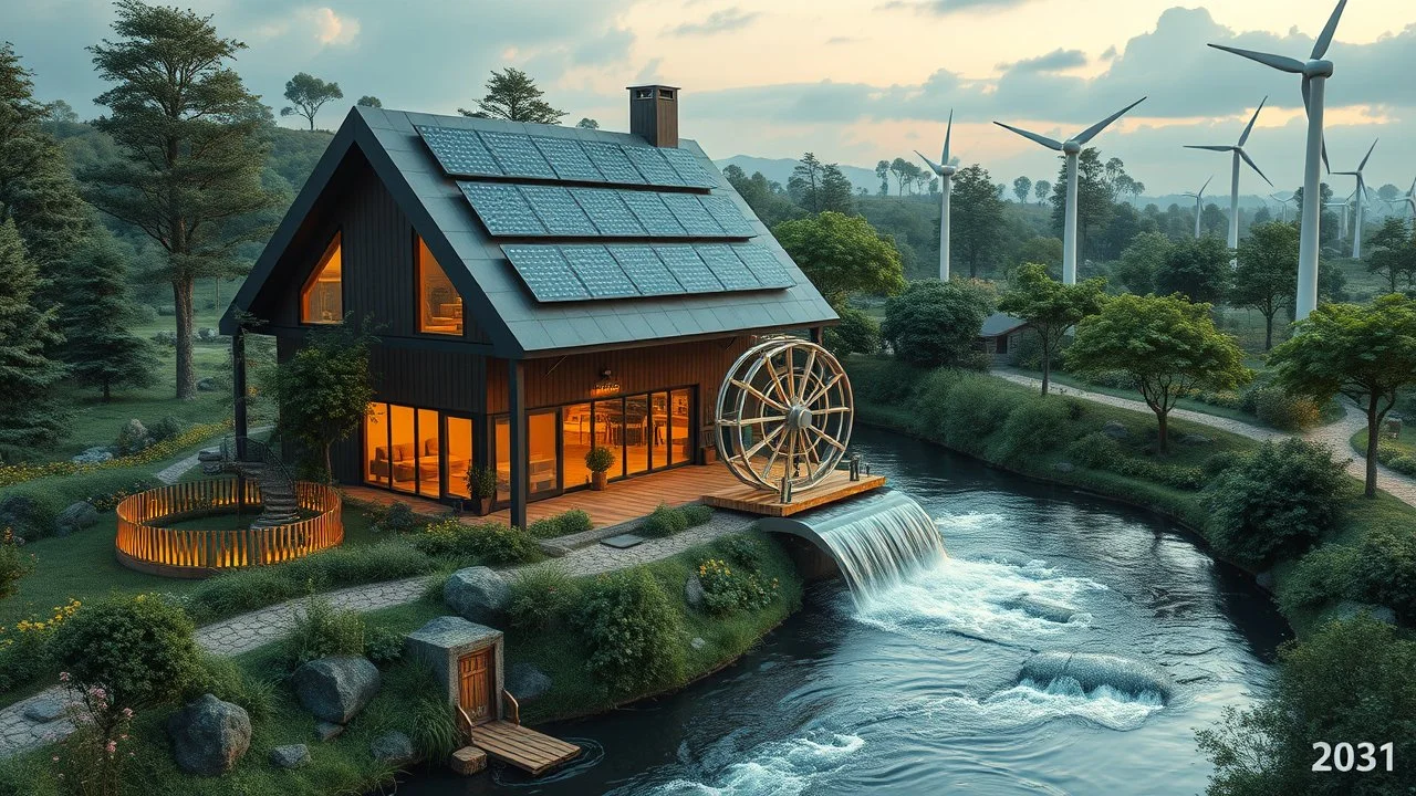 2031. Innovative environmentally-friendly happy home, solar panels, water wheel in river, alternative energy, wind turbines, scientific experiment, home of the future, amazing geometric architecture, fantasy, robotic, magic, automated, spectacular, futuristic, practical, beautiful lighting, attractive composition, photorealistic, extremely detailed, chiaroscuro, award-winning photograph