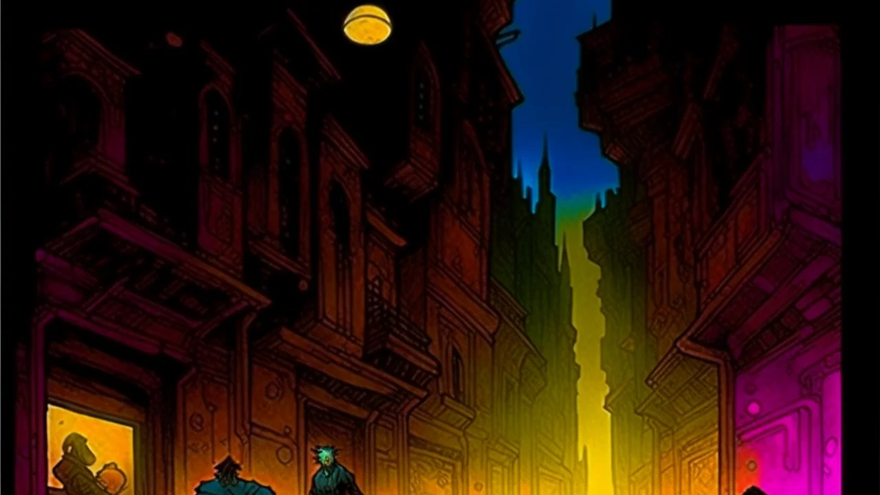 John Harris Style page, dark serious 1990s style, ((masterpiece, best quality)), (((solo))), full color, retro anime style, full color, dark serious 1980s steampunk cityscape, magic,