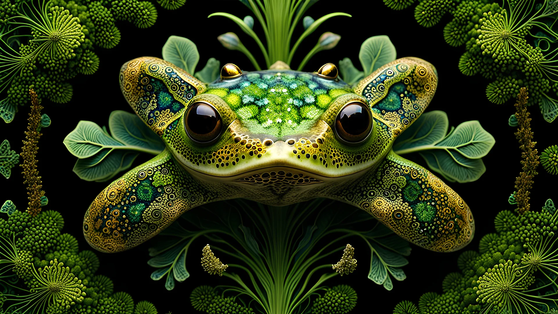 The living petrified bone frog is a mesmerizing, earth art creature, its porous, osseous skin adorned with intricate fungal fractal patterns that accentuate its earthen colors in a fungal art kaleidoscope. Shimmering moss and translucent spore accents decorate the skin, revealing a fractal map of pores that shift gracefully as it moves. Delicate bioluminescent fungi structures extend from the fractures, creating an otherworldly, illuminated appearance. With large, expressive eyes that glow with