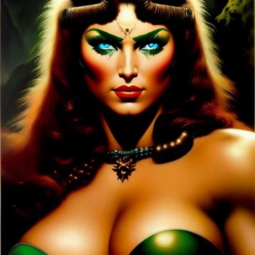 portrait oil on canvas, beautiful busty female Barbarian Warrior,green eyes, ,minimal armor,comic book cover, mystical colors,insanely detailed,realistic,intrincate detail, 16k resolution, masterpiece,Frank Frazetta,Alex Horley, Simon Bisley