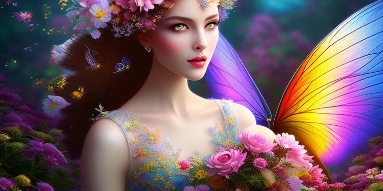 bright fairy, beautiful portrait, flowery landscape