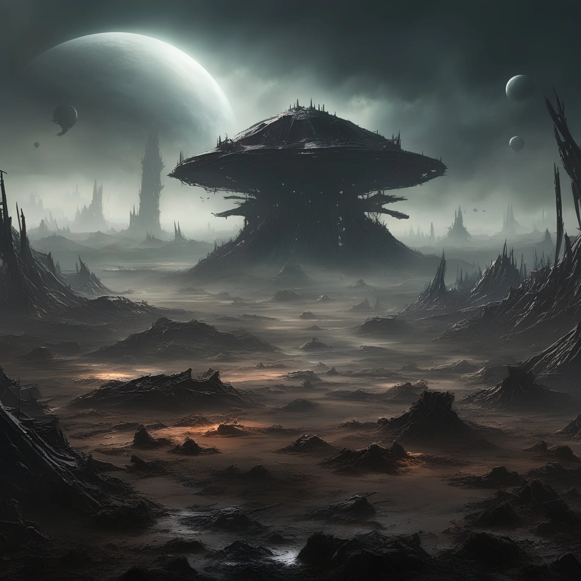 Dark alien landscape being ripped up by terraforming machines. Some spaceships in the distance. Some swampy landscape