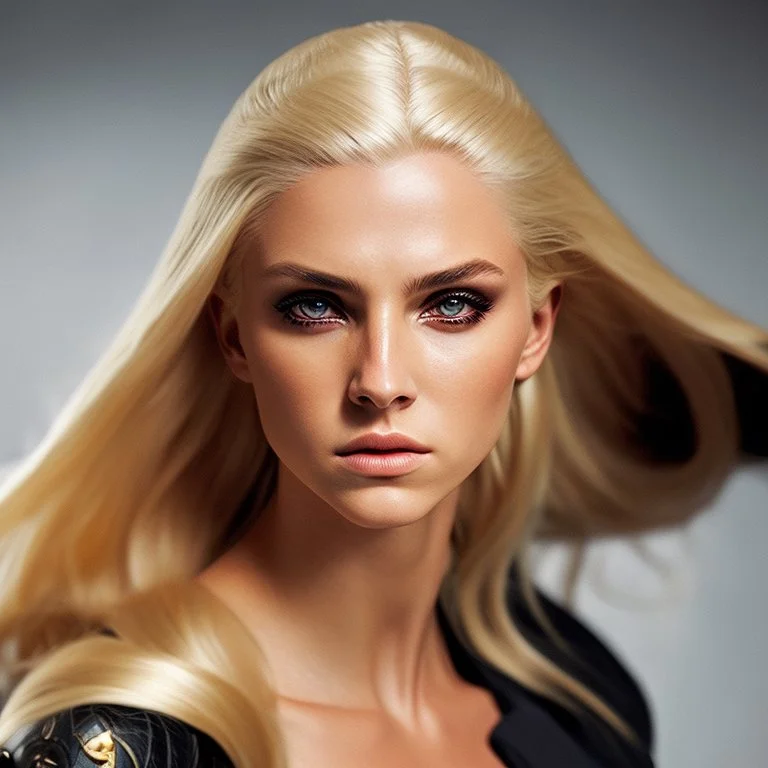 Photorealistic headshot of a fierce blonde assassin dynamic pose