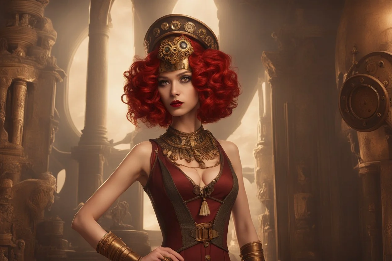 full body shot of a skinny Cleopatra, with a bob red hairstyle, standing in a steampunk setting.