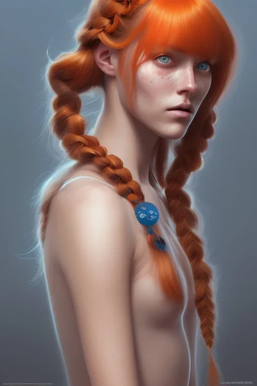 Woman, corpo intero, beautiful, orange hair, two braids, bangs, blue eyes, big eyes, freckles, long eyelashes, Frozen, 8k resolution concept art portrait by Greg Rutkowski