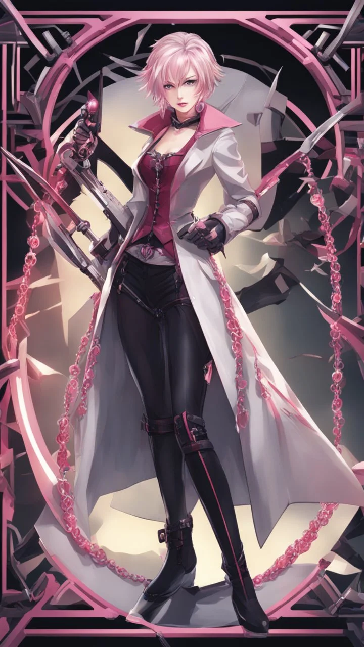 A close picture to blind vampire with white and pink short hair, slave, Tusks, malicious smile, Handcuffs, Weapon handcuffs in dreamshaper finetuned model with dynamic art style witg