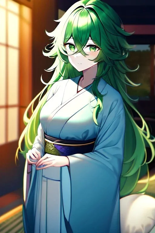 girl, masterpiece, best quality, cinematic lighting, detailed outfit, vibrant colors, perfect eyes, green eyes, long hair, green hair, messy hair, hair between eyes, indoors, depth of field, ray tracing, kimono,