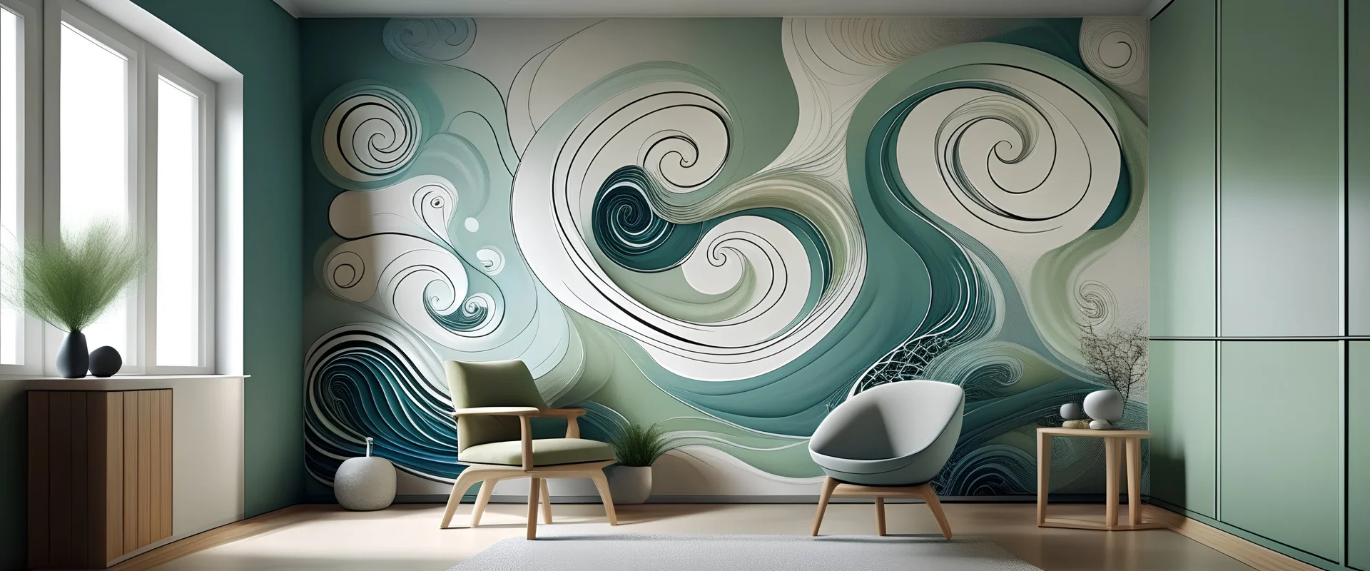 Create a mural with organic swirls and curves, instilling a sense of serenity and calmness in the space.