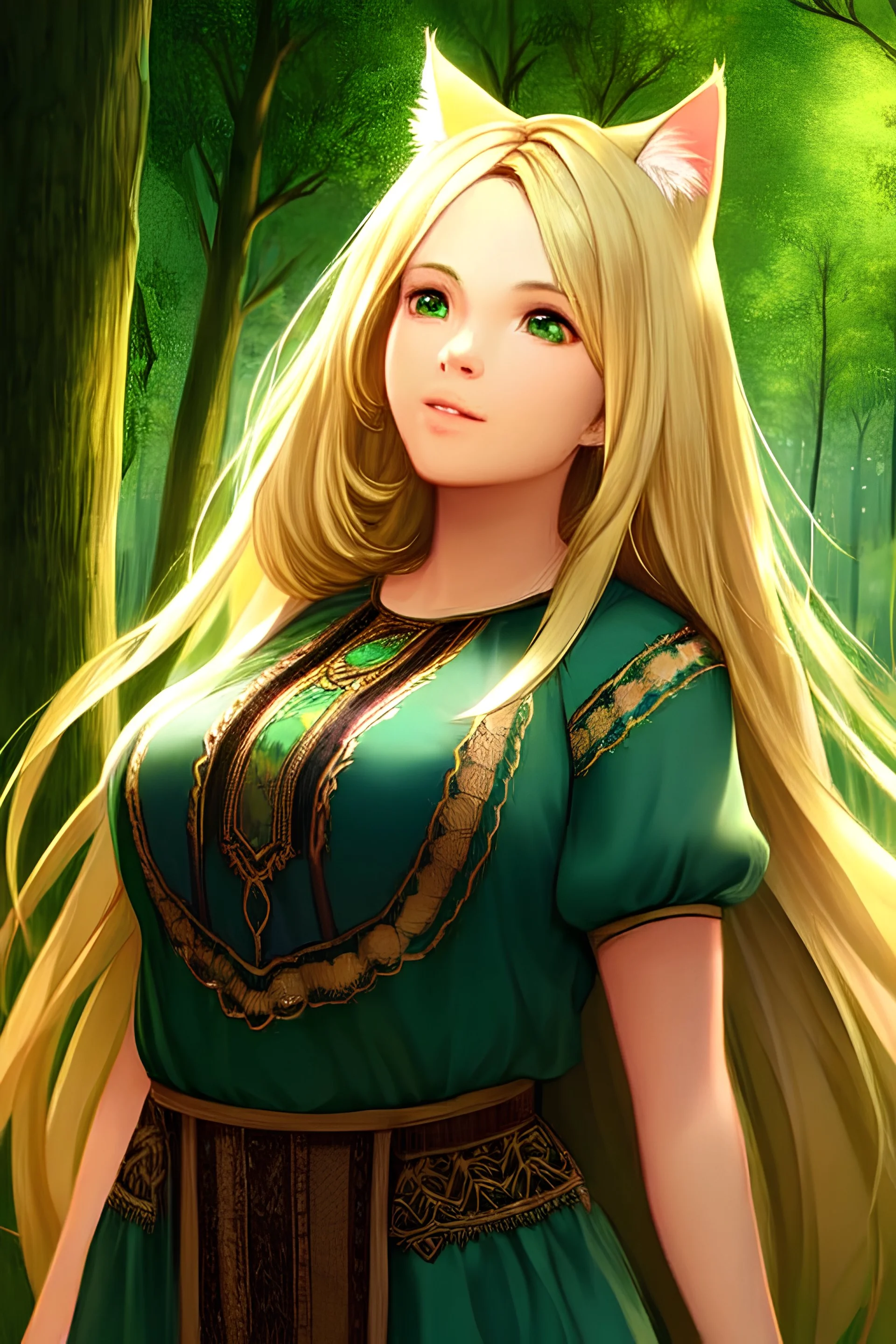 Clear focus,High resolution,High quality,druid, Blonde long hair, green eyes, cat ears, Realistic, intricate details, insanely detailed, forest background