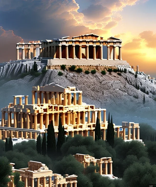 Acropolis of Athens , 8k resolution holographic astral cosmic illustration mixed media by Pablo Amaringo . midjourney style, 8k, photorealistic, cinematic lighting, dramatic, atmosphereric,