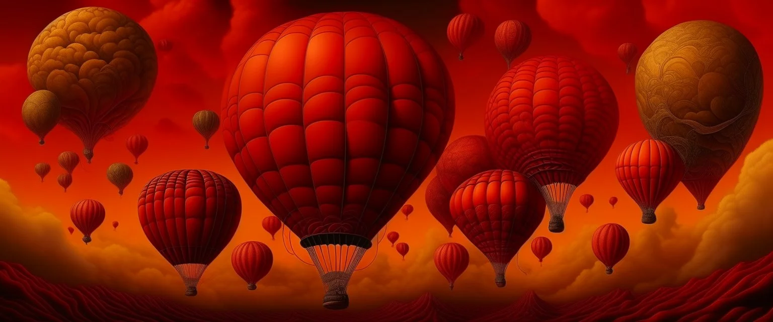 An orangish red burning sky with hot air balloons designed in Maori sculptures painted by Jeffrey Kolker