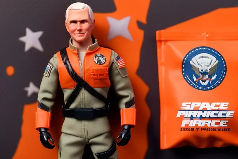 Mike pence G.i. Joe toy Space force uniform With accesories inside a blister packaging hanging on a Wallrack in toystore, fluorescent orange, toy guns, wide angle shot whole body, black moonboots, fullsize