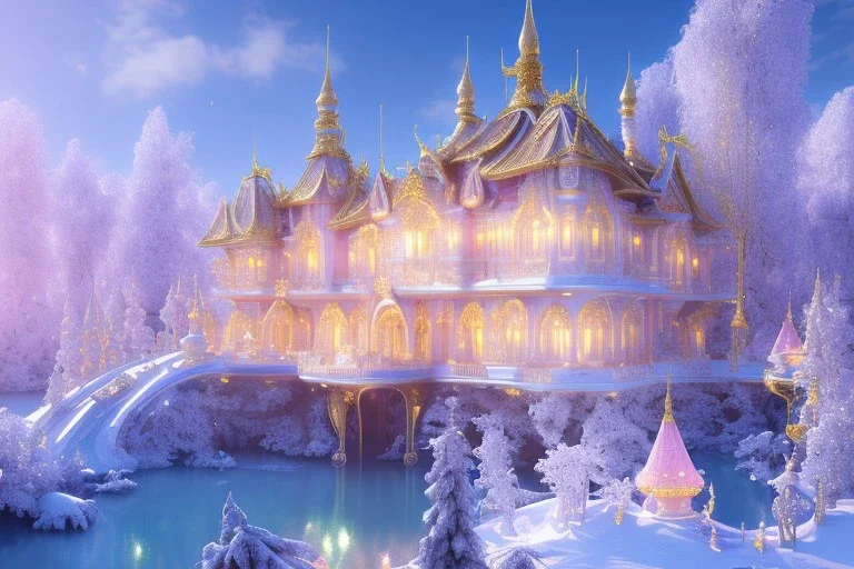 a magical crystal snow pink gold house palace in the woods, blue lake,sun,white swanns,pink vertical, blue lake,sharp, vines, candlelit, endor, ornate, elegant, highly detailed, artstation, concept art, smooth, sharp focus, illustration, 8k, splash art, wallpaper, key visual