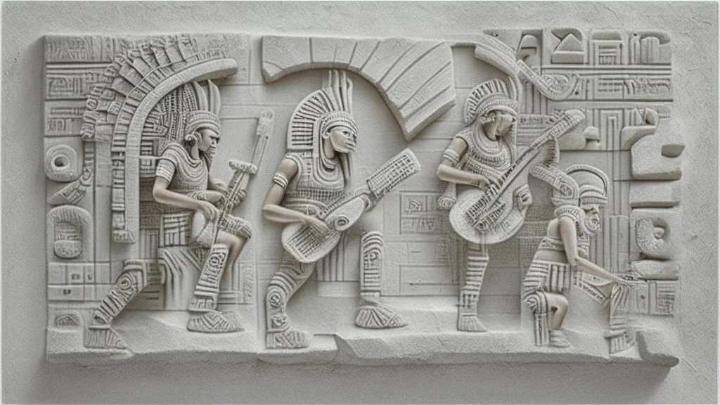 futuristic, realistic,tecno musicians, mayan drawings on white stone