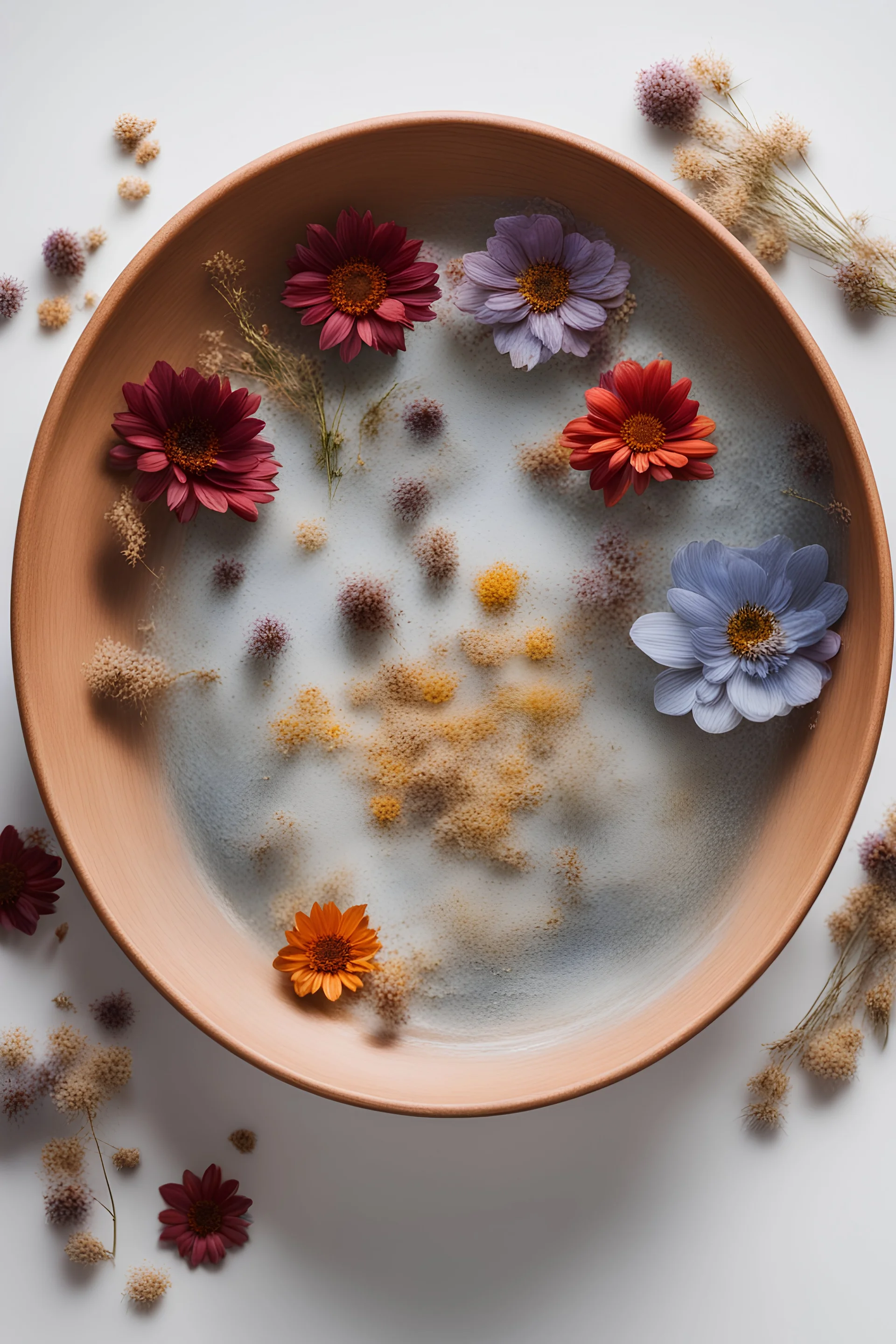 make a photo of a beautiful bowl with water and floating dried flowers