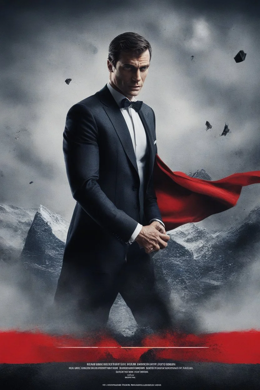 Create a movie poster for the movie "James Bond, 007 - Superman," Starring Henry Cavill and Alexandra Daddario, 4k, 8k, 16k, 32k, 100k UHD, Ultra-high resolution, photorealistic, 1080p, 4k, 8k, 16k, 32k, 100k UHD, Ultra-high resolution, photorealistic, 1080p, (matte skin:1.5), (extremely detailed face:1.5), (realistic human hair:1.5), (intelligent eyes:1.5), masterpiece, octane render, (long shot environmental portrait:1.8)