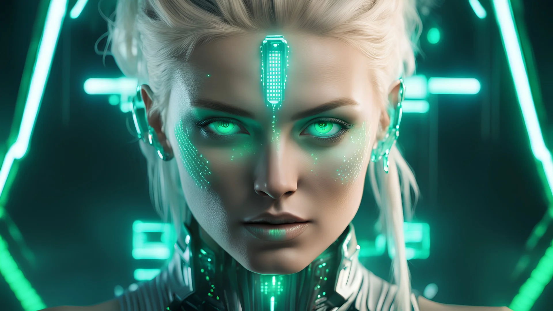 hyper realistic, 4k, bright bounce light on her face, adult blonde woman with piercing hazel eyes, intricate detail design green glowing matrix style code symbols on her skin and face, blue glowing strands in her hair, she is wearing a white Bladerunner futuristic outfit radiating a strong confident woman, boss in charge and it shows in her stance, black and transparent fabric with glowing neon sage loops, metallic art deco spaceship architecture in background