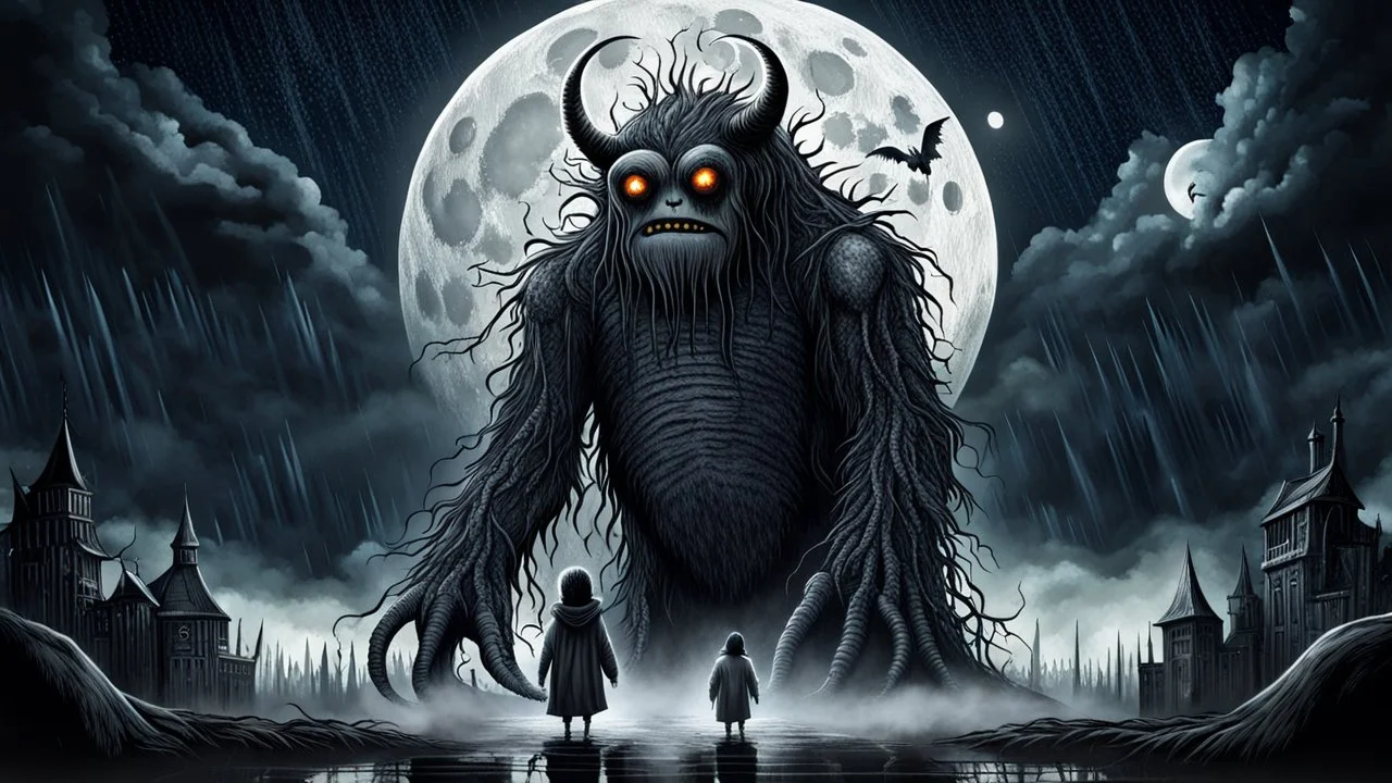 gentle, protective monster protects and hugs the alone sad child against bad high dark evil people, random background random, deep dark color, , moon, mist, rain, highly detailed, weird , surreal dark fantasy mood style like T. Burton