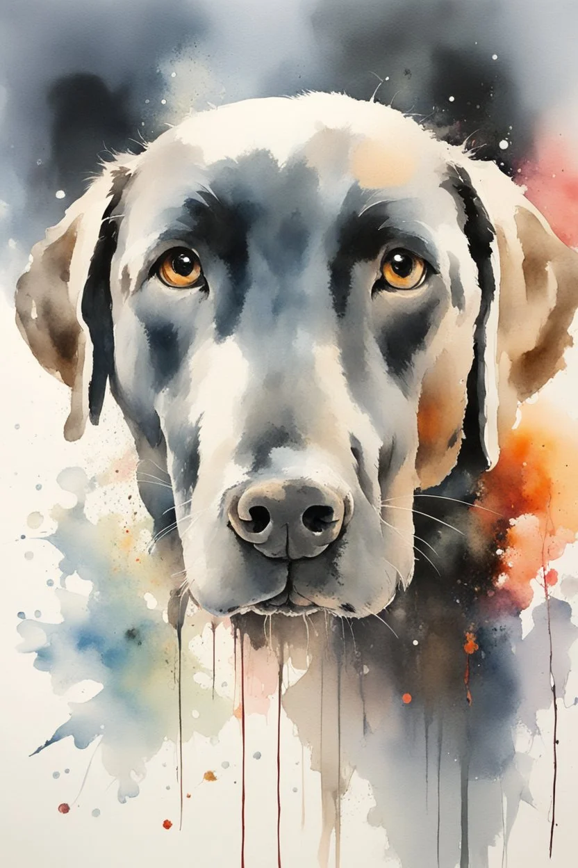 A portrait of black Labrador by Willem Haenraets, watercolor, on watercolor paper, wet on wet and splattering techniques, centered, perfect composition, abstraction, surrealism