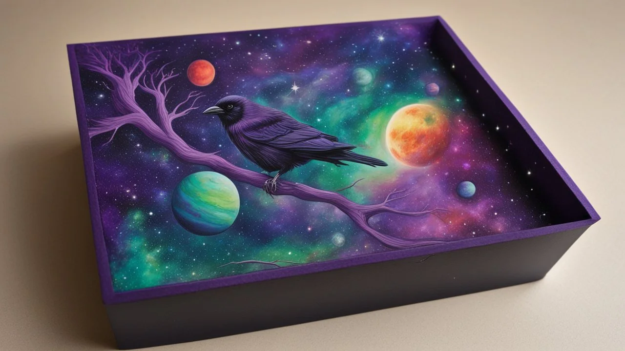 a box 10 cm long by 5 cm wide and 25 cm high, drawn on a box on all sides, space, tress, planets, crow galaxies a lot of colours purple, green and red, realistic