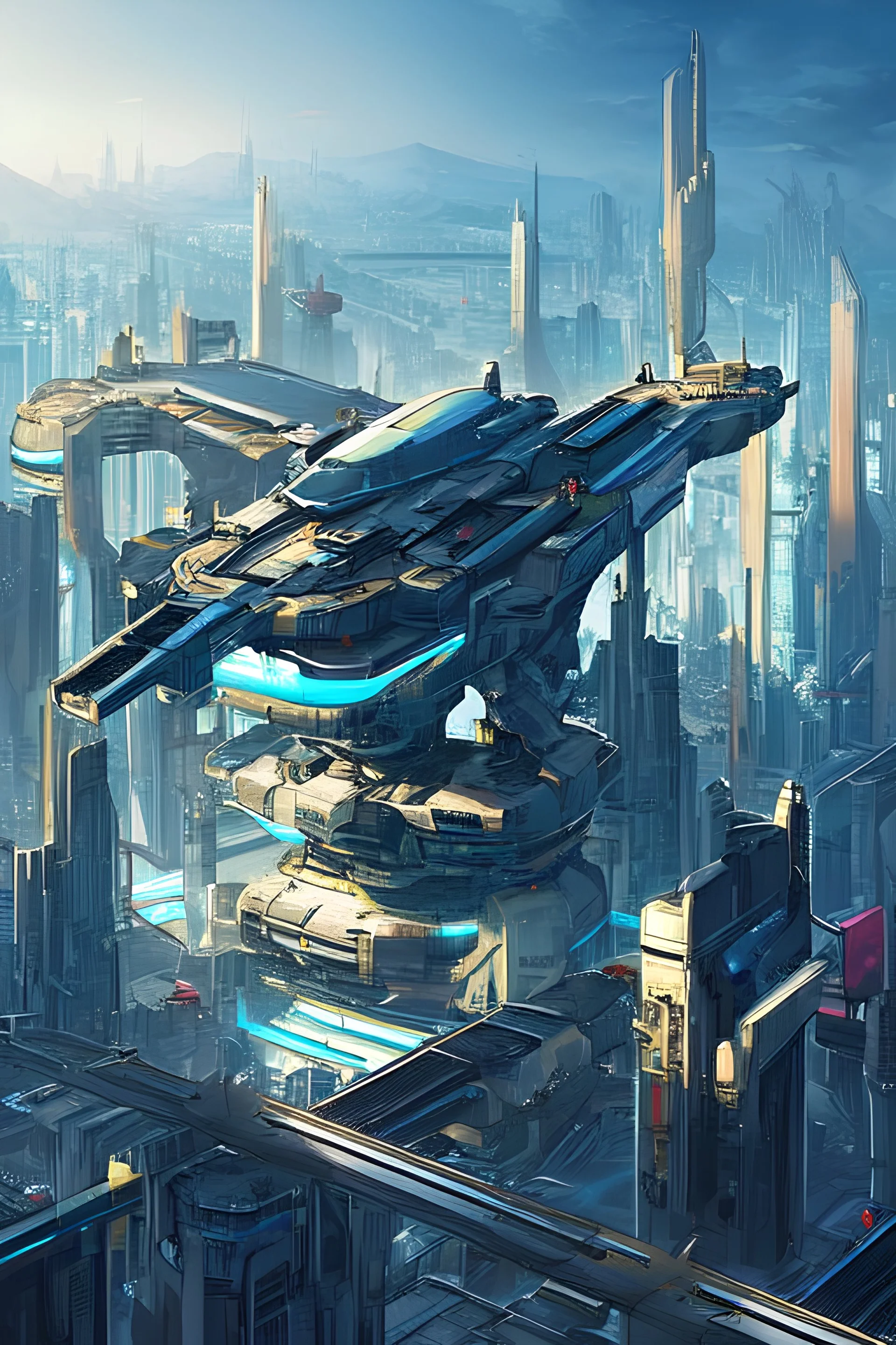 Futuristic buildings with stickmen in the background