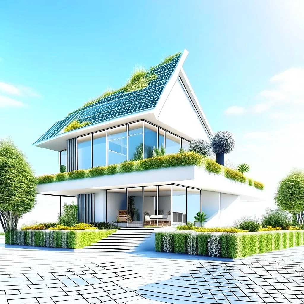 Stunning 3D rendering of a modern, eco-friendly solar house, it is designed with clean lines and features solar panels, elegant windows and a green roof garden. The setting is a pristine white background, emphasizing the innovative and futuristic nature of the house. The overall atmosphere is minimalist and welcoming, showing a sustainable living solution for the future