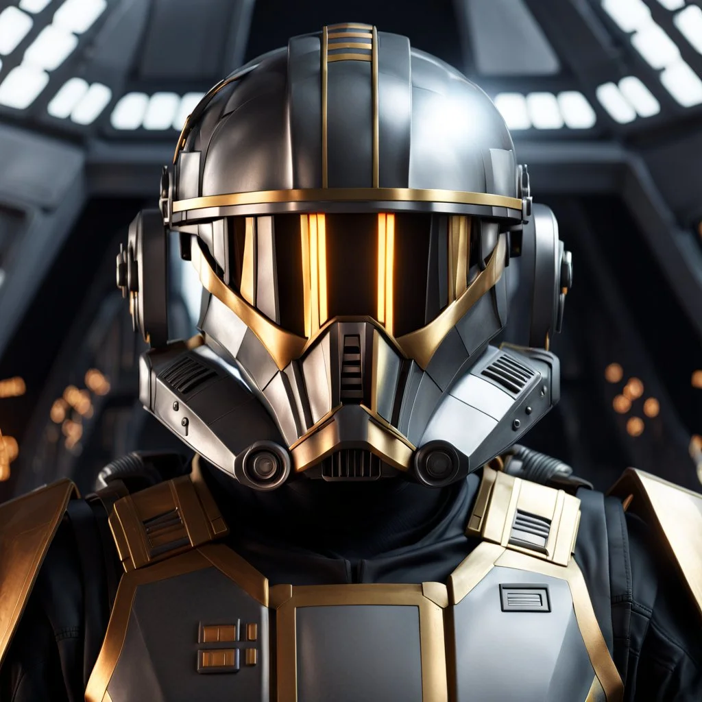 star wars bald male corellian pilot wearing dark gunmetal grey and black First Order special forces TIE pilot armored flightsuit and helmet with gold trim inside the jedi temple, centered head and shoulders portrait, hyperdetailed, dynamic lighting, hyperdetailed background, 8k resolution, volumetric lighting, light skin, fully symmetric details