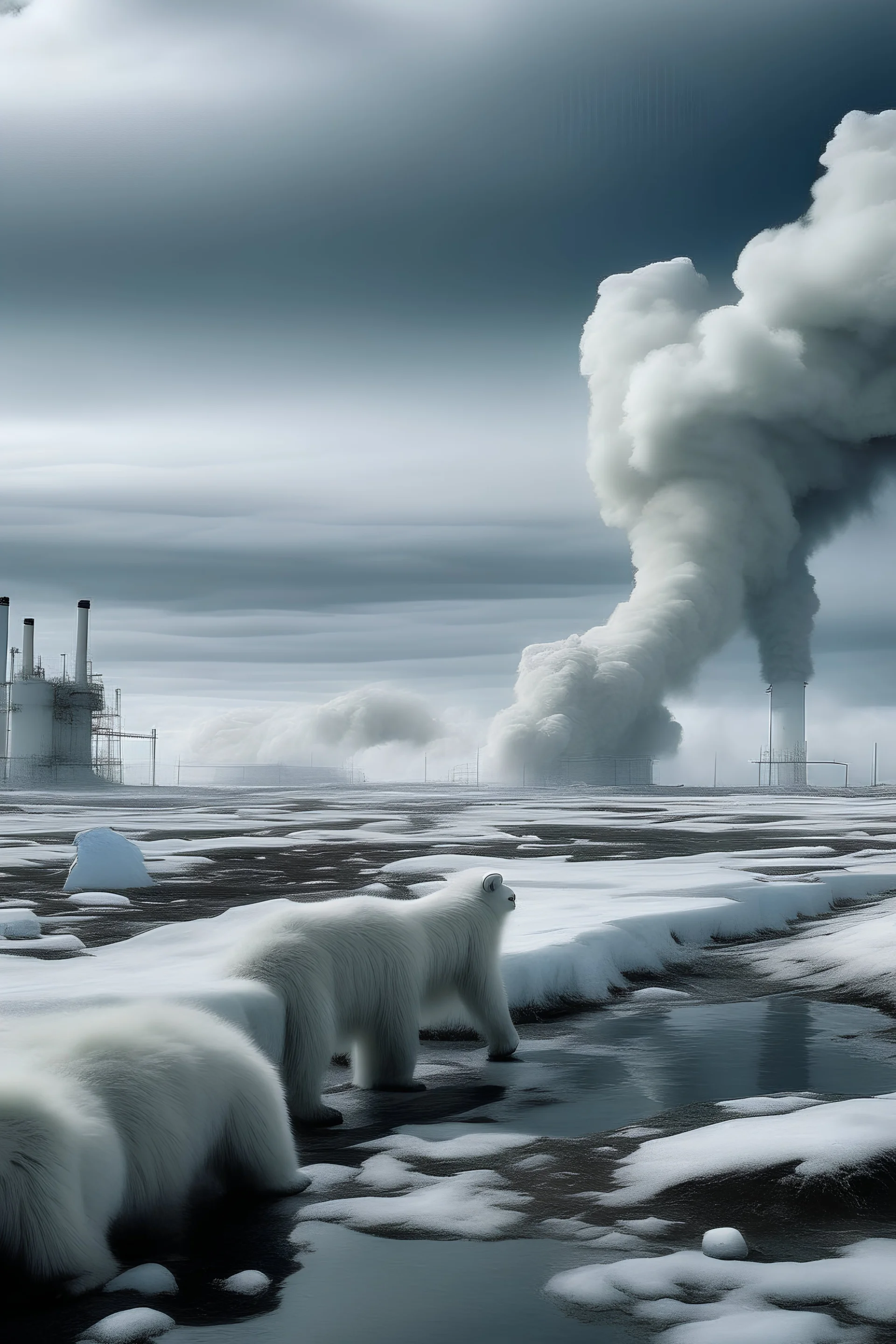 Factories emit carbon dioxide, the sky thunders, the weather is bad, and polar bears die.