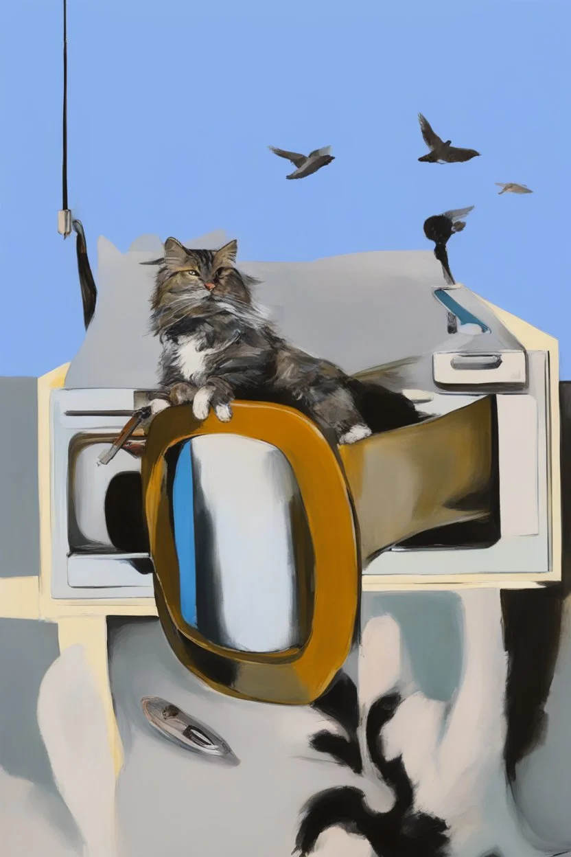 a cat and human flesh-like surgical instruments and universe-like a pigeon and neuralink, surrealism,minimalism,Painting By Adrian Ghenie, Rene Magritte, Salvador Dali, Lucian Freud