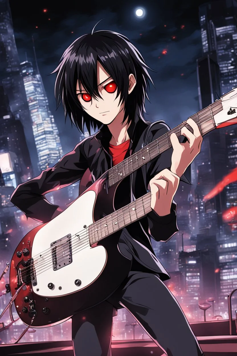 A 30 years old male guitarist playing guitar at a midnight concert, red creepy alien bug eyes, black hair, athletic build, correct hands, in the style of manga "Rosario+Vampire"